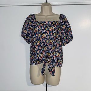 LOFT Size Small Floral Square Neck Puff Sleeve Tie Waist Top